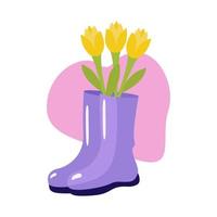 Yellow tulips in a vase of boots. Vector illustration for design, printing on paper or fabric. Isolated.