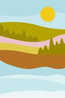 Abstract minimalistic poster. Spring, sun, mountains, forest and fast river. Vector illustration for printing on paper, fabric.