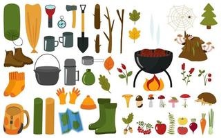 Camping and set of elements for a hike. Tent, sleeping bag, thermos, flashlight,  backpack, bowler hat, shoes, mugs, shovel, map, mushrooms and berries. Vector illustration