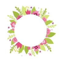 Flower frame in the shape of a circle. Delicate pink flowers and green leaves. Vector illustration isolated.