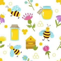 Seamless pattern with bees and honey, beehive, flowers, honeycombs. Vector illustration. For background, printing on paper or fabric, design or decor