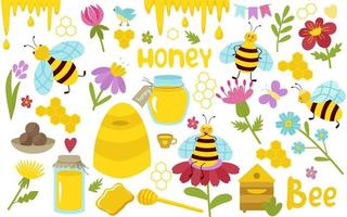 abejas y miel, un conjunto de lindas imágenes prediseñadas de apicultura. colmena, flores, inscripciones, propóleo, panal, cuchara, pájaro, mariposa. ilustración de dibujos animados de vector aislado.