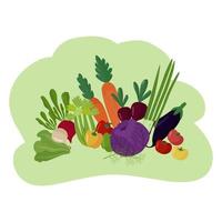 Organic vegetables, healthy food. Poster, banner, background. Lettuce, carrots, cabbage, peppers, eggplants, tomatoes, onions. Vector illustration for printing on paper, fabric, website use