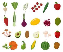 Vegetables and fruits, a set of healthy vegetarian food. Vector illustration isolated on a white background. A colorful collection of farm clipart