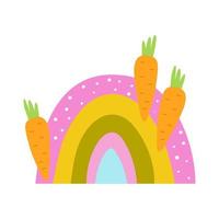 arco iris de primavera, ilustración vectorial. decorado con zanahorias y puntos. para diseño, impresión en papel o tela. aislado. vector