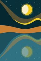 Abstract minimalistic poster. Night, moon, crescent, stars, mountains, river, reflection in the water. Vector illustration for printing on paper, fabric.