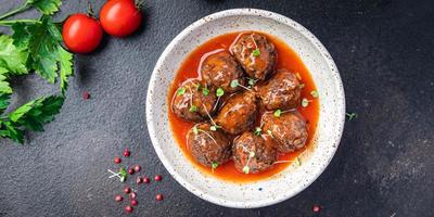 meatballs tomato sauce meat beef veal pork fresh portion dietary healthy meal photo