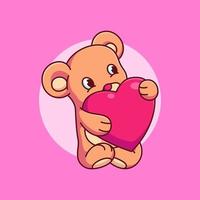 lindo oso de peluche abrazando amor globo vector ilustración. diseño plano de dibujos animados de san valentín