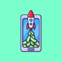 cute rocket taking off from phone vector illustration. startup cartoon flat design