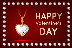 Banner with a pendant in the form of a heart with diamonds. Valentine s Day gift. A beautiful decoration. Expensive necklace. Framed with sparkling stones. On a red background. 3D realistic. Vector. vector