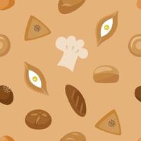 Seamless pattern, bakery products, pastries, bread and confectionery, buns, baguette, loaf, khachapuri, chef's cap. Banner, poster, template for printing on fabric, on paper. Vector illustration.