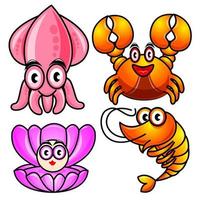 Hand draw Squid, crab, Pearl ina clam shell and Shrimp cartoon cute isolated on white background. Vector illustration.