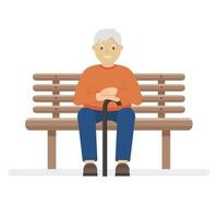 Smiling old man sitting on a bench. Vector illustration of a man with a cane. Isolated on white background.