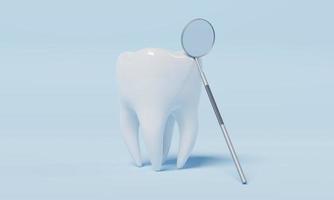 Tooth with dental inspection mirror on blue background. Dental and Health care concept. 3D illustration rendering photo