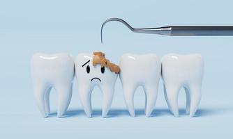 Dientes de emoción poco saludables con cepillo de dientes sobre fondo azul. concepto de atención dental y de salud. representación de ilustración 3d foto