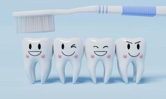 Dientes de emoción saludable con cepillo de dientes sobre fondo azul. concepto de atención dental y de salud. representación de ilustración 3d foto