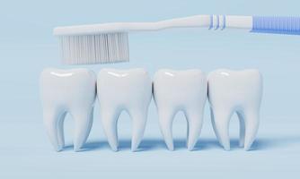 Teeth brushing by toothbrush on blue background. Health care and medical concept. 3D illustration rendering photo