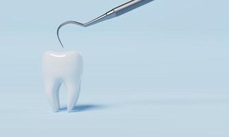 control de salud dental con gancho de inspección dental sobre fondo azul. atención médica y concepto médico. representación de ilustración 3d foto