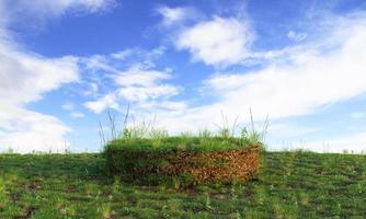 Grassy podium with blue clear sky background for product advertising. Nature and object concept. 3D illustration rendering photo