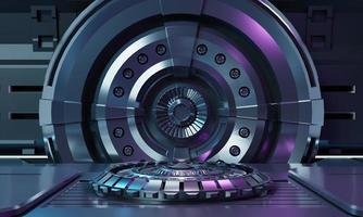 Sci-fi product podium showcase inside spaceship with security metal gate background. Technology and object concept. 3D illustration rendering photo