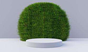 White podium with grassy circular board background. Object and Nature concept. 3D illustration rendering photo