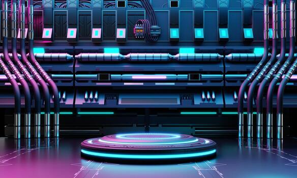 Cyberpunk sci-fi product podium showcase in spaceship base with blue and pink background. Technology and object concept. 3D illustration rendering photo