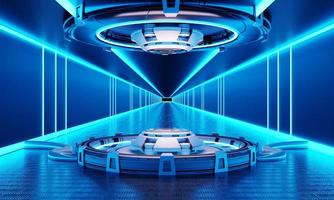 Sci-fi product podium showcase in spaceship with white and blue background. Space technology and object concept. 3D illustration rendering photo