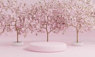 Minimal style cylinder pink product podium showcase with cherry blossom tree or Sakura in Japanese language at public garden. Technology and object concept. 3D illustration rendering photo
