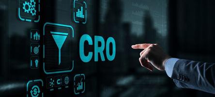 Conversion Rate Optimization. CRO Technology Finance concept Businessman pressing on a virtual screen photo