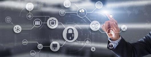 Tech background. Cybersecurity icons. Universal technology abstract background for presentations photo