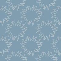 Outline abstract sun ornament seamless geometric pattern. White contoured stars on blue background. vector