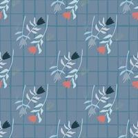 Hand drawn seamless doodle pattern with tulip silhouettes. Blue chequered background. Pink and navy flower buds. vector