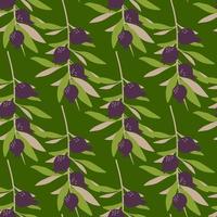 Seamless pattern with leaves and berries on green background. Floral wallpaper. Botanical print vector