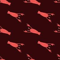 Contrast red lobster seamless pattern. Doodle aquatic animal print with dark brown background. Simple backdrop. vector