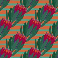 Red doodle protea flowers ornament seamless pattern. Tropical backdrop with striped background. vector