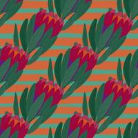 Red doodle protea flowers ornament seamless pattern. Tropical backdrop with striped background. vector
