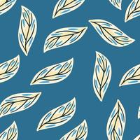 Minimalistic floral seamless doodle pattern with light contoured leaf shapes. Blue background. vector
