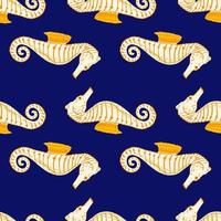 Contrast ocean fauna seamless pattern with orange contoured sea horse elements. Navu blue backround. vector