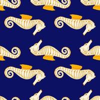 Contrast ocean fauna seamless pattern with orange contoured sea horse elements. Navu blue backround. vector