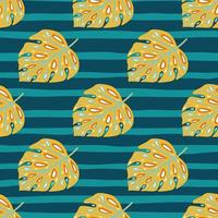 Orange colored hand drawn monstera foliage seamless pattern. Blue striped background. Simple style. vector