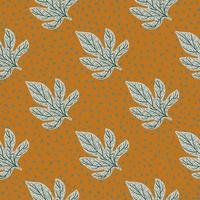 Fall seamless doodle pattern with cartoon flat grey leaf ornament. Brown light dotted background. vector