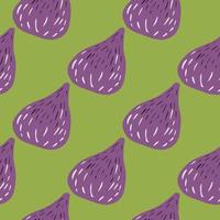 Tropical seamless doodle pattern with purple fig abstract shapes. Food print with green background. vector