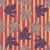 Random seamless pattern with grey and purple foliage autumn shapes. Striped red and orange background. vector