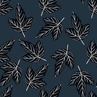 Dark random seamless pattern with black outline leaf shapes. Navy blue background. vector