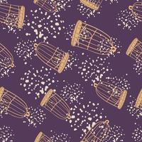 Abstract doodle seamless pattern with orange random bird cage print. Purple background with splashes. vector