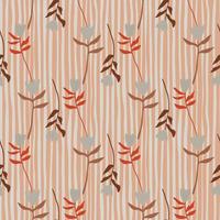 Seamless fall pattern with flower random located silhouettes. Orange stripped background. Light blue tulip buds. vector