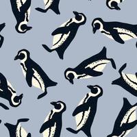 Minimalistic zoo seamless pattern with cartoon random penguins silhouettes. Light blue background. vector