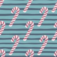 Lilac christmas candy print seamless patter. Navy blue and turquoise striped background. Simple stylized new year treats print. vector