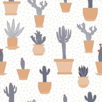 cactus dibujado a mano en patrón sin costuras de maceta. telón de fondo de la planta casera. diseño para tela, estampado textil, papel envolvente. vector