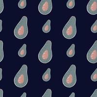 Pink and grey colored avocados seamless organic pattern. Navy blue dark background. Vitamin tasty backdrop. vector